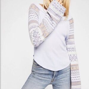 Free People Fairground Thermal Top, Periwinkle Blue, Patterned Bell Sleeves
